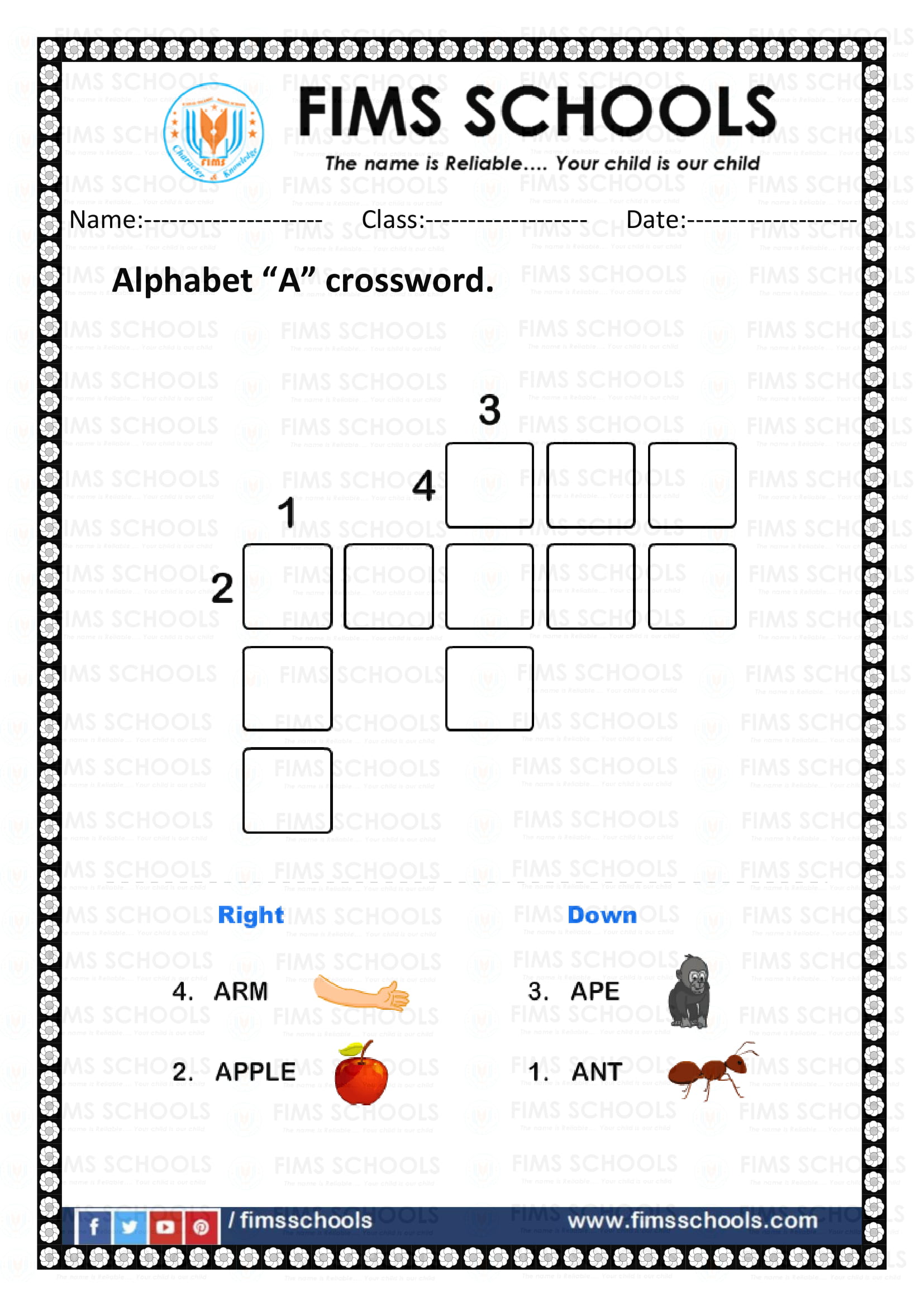 Alphabet A Z crossword Preschool FIMS SCHOOLS Alphabet A Z