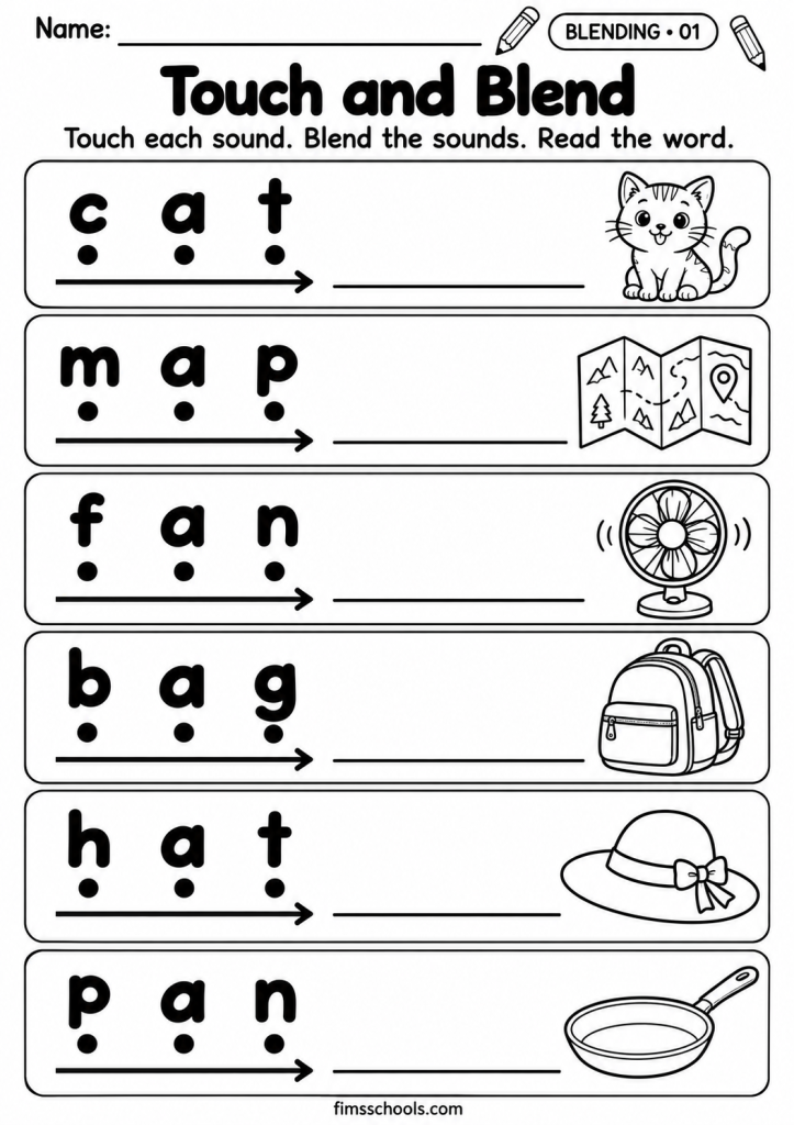 Short a blending worksheet 1, Touch and Blend: touch each sound dot, blend the sounds and read the word