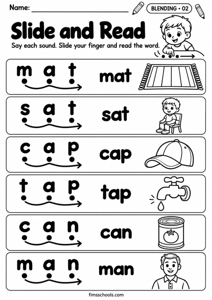 Short a blending worksheet 2, Slide and Read: slide a finger under the sounds and read the whole word