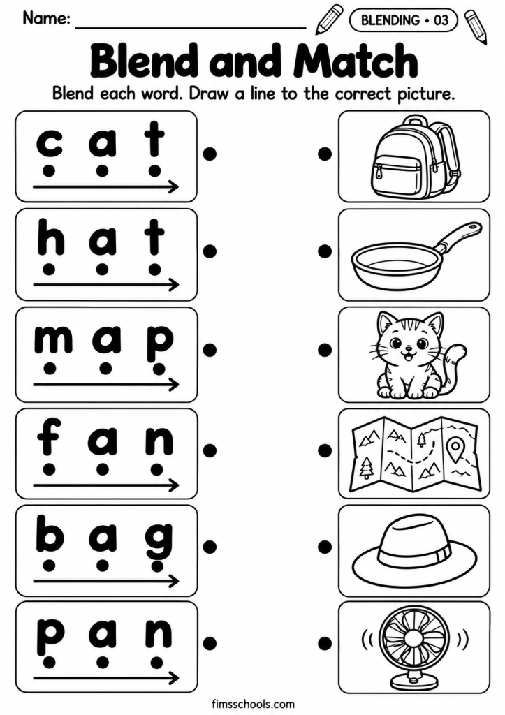 Short a blending worksheet 3, Blend and Match: blend each word and draw a line to the correct picture