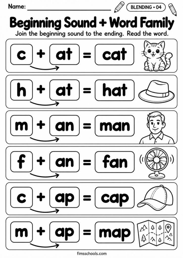 Short a blending worksheet 4, Beginning Sound and Word Family: join the beginning sound to the word family ending