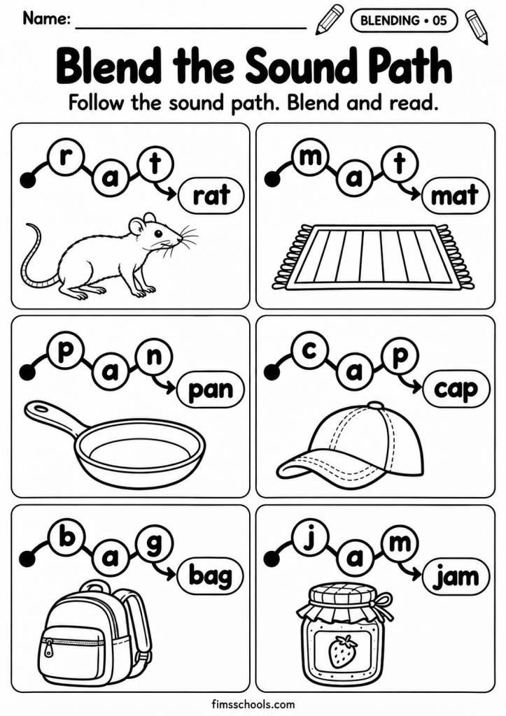 Short a blending worksheet 5, Blend the Sound Path: follow the letter path, blend the sounds and read the word