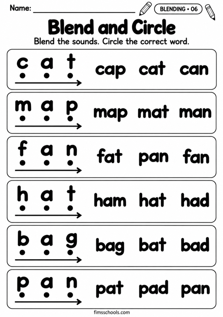 Short a blending worksheet 6, Blend and Circle: blend the dotted word and circle the matching word