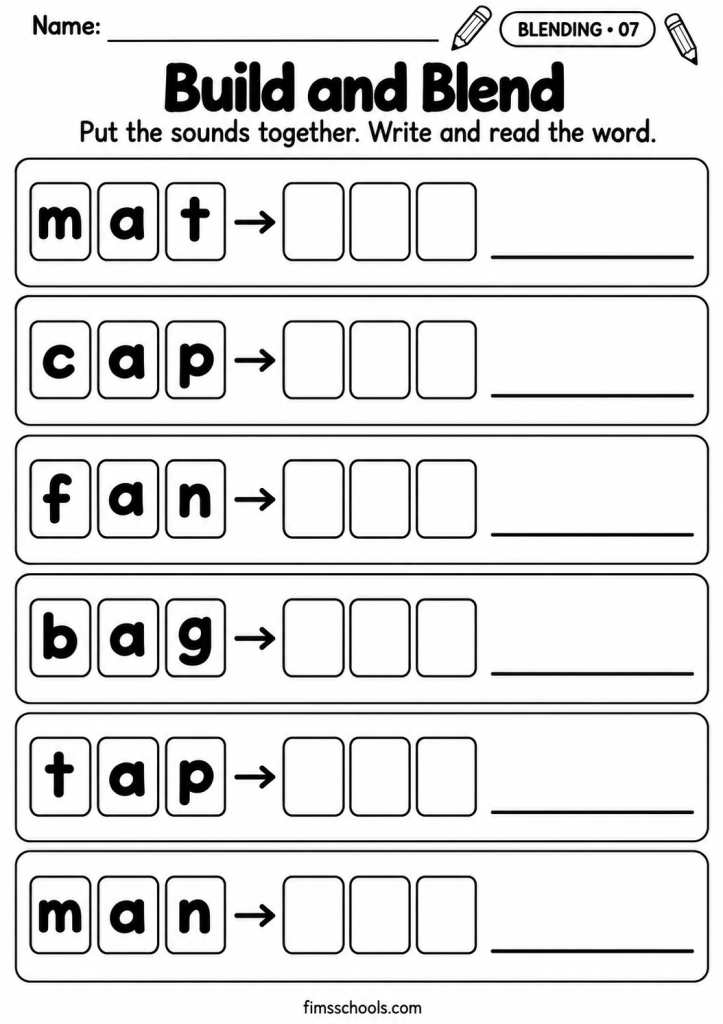 Short a blending worksheet 7, Build and Blend: write the letters in the boxes, then write and read the whole word