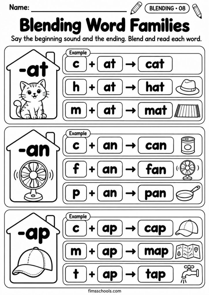 Short a blending worksheet 8, Blending Word Families: blend beginning sounds with the -at, -an and -ap endings
