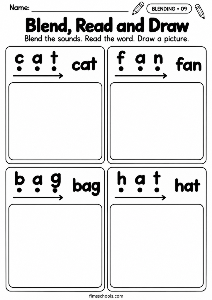 Short a blending worksheet 9, Blend, Read and Draw: blend the sounds, read the word and draw the picture