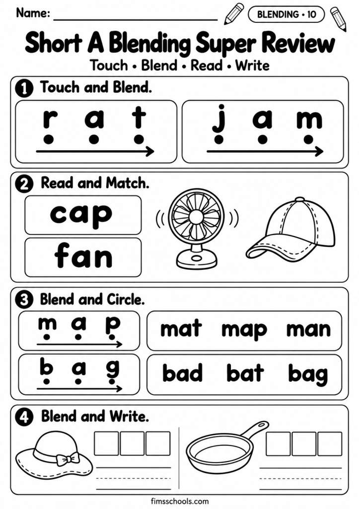 Short a blending worksheet 10, Blending Super Review: touch and blend, read and match, blend and circle, blend and write