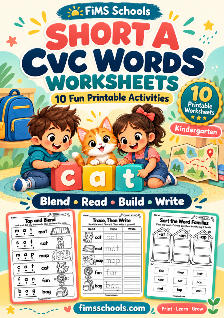 Short A CVC Worksheets for Beginners, Bundle 01 cover, 10 printable short a activities for kindergarten