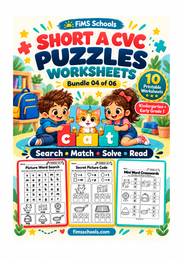 Short A CVC Puzzles Worksheets, Bundle 04 cover, search match s read activities