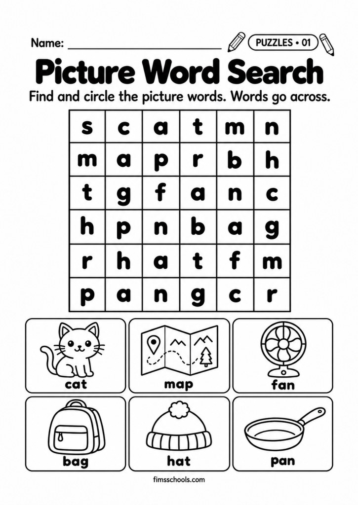 Short a puzzle worksheet 1, Picture Word Search: find and circle the picture words hidden across the grid