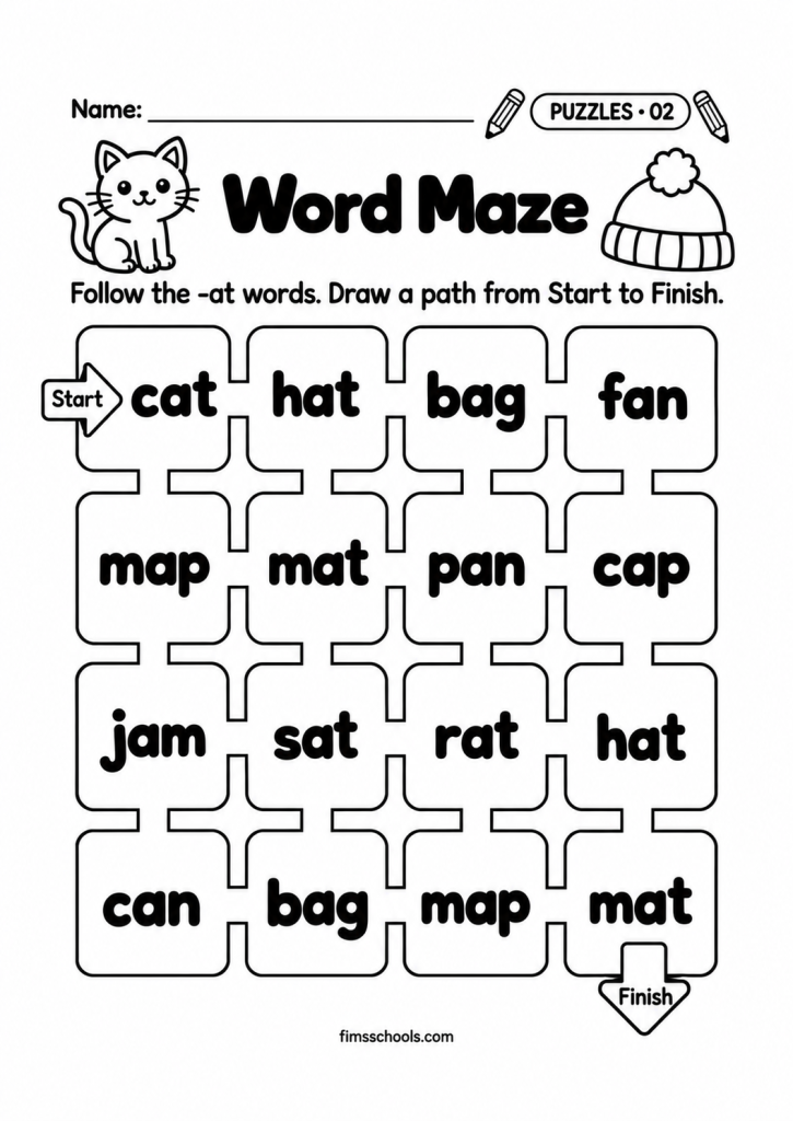 Short a puzzle worksheet 2, Word Maze: follow the -at words to draw a path from start to finish