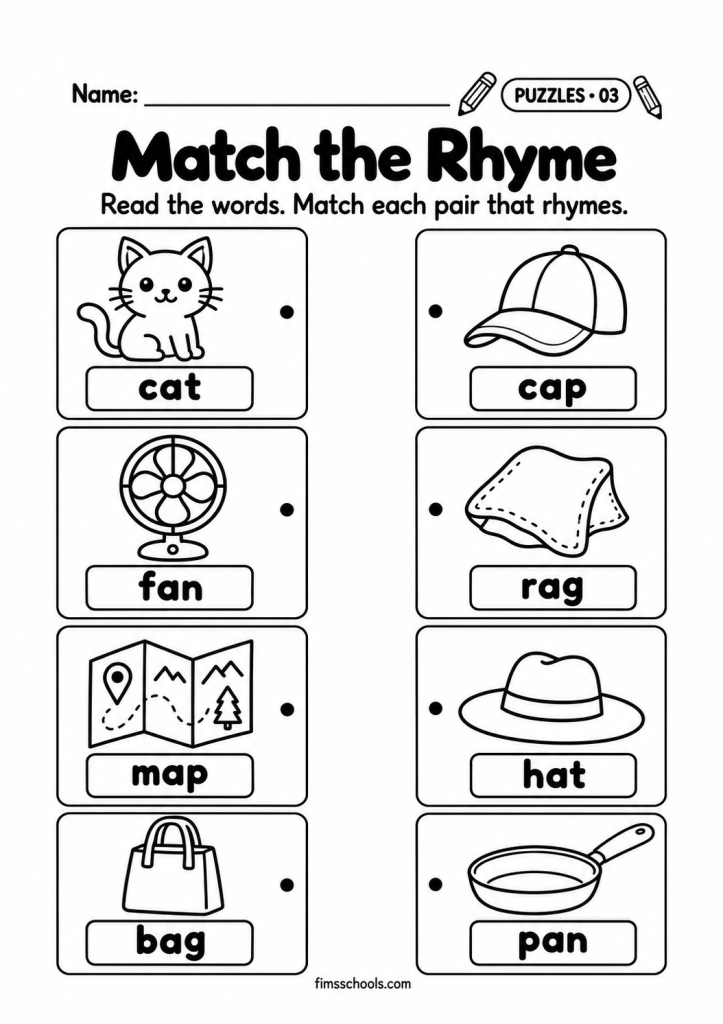 Short a puzzle worksheet 3, Match the Rhyme: read the words and match each rhyming pair