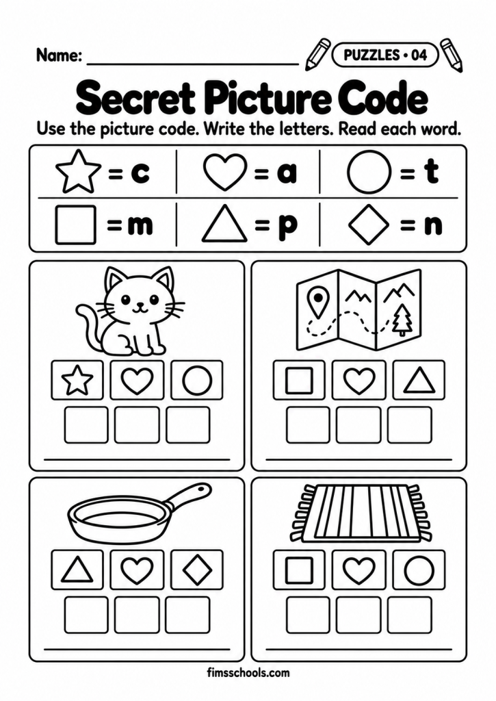 Short a puzzle worksheet 4, Secret Picture Code: use the symbol code to write the letters and read each word