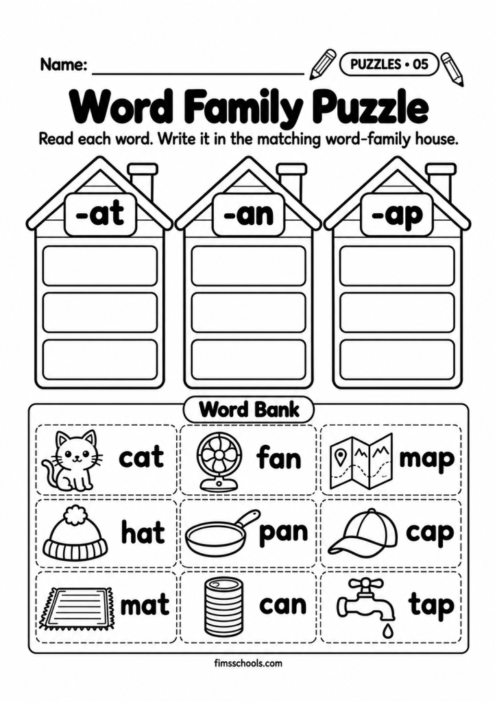 Short a puzzle worksheet 5, Word Family Puzzle: write each word from the word bank in its matching word-family house