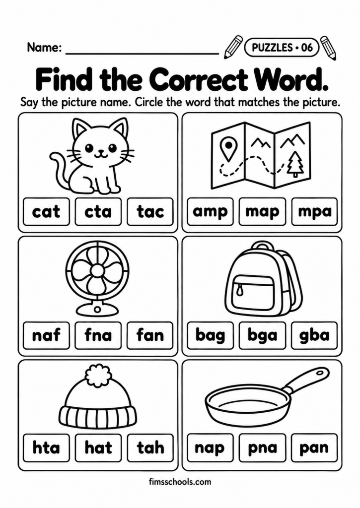 Short a puzzle worksheet 6, Find the Correct Word: circle the correctly spelled word that matches the picture