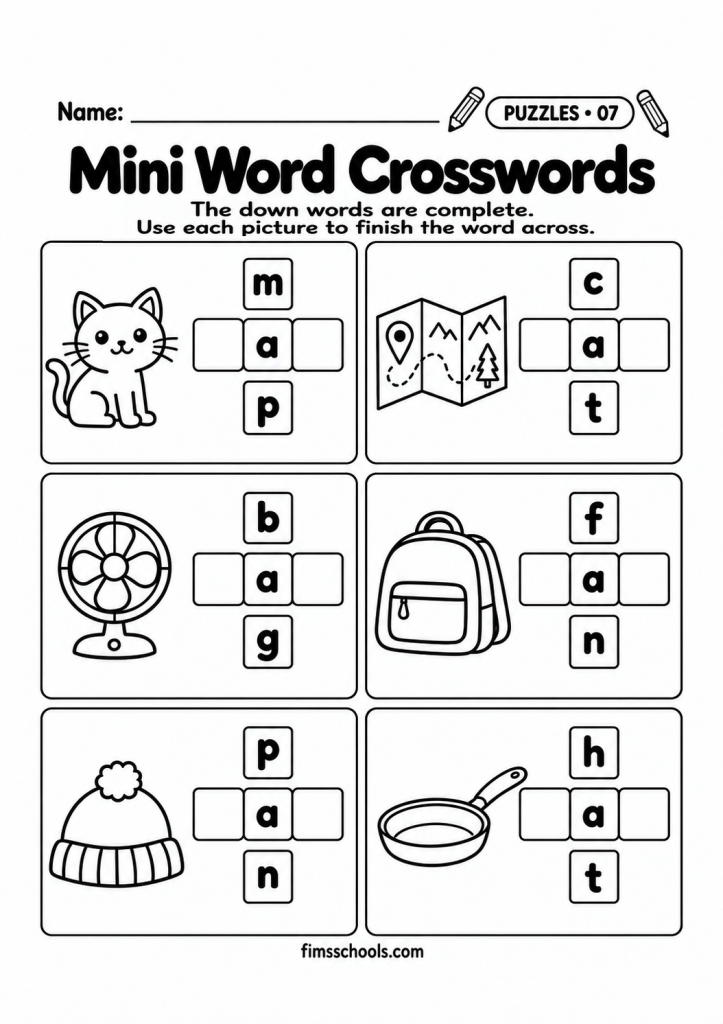 Short a puzzle worksheet 7, Mini Word Crosswords: use each picture to finish the word across