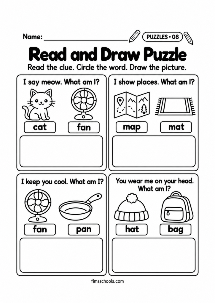 Short a puzzle worksheet 8, Read and Draw Puzzle: read the clue, circle the word and draw the picture