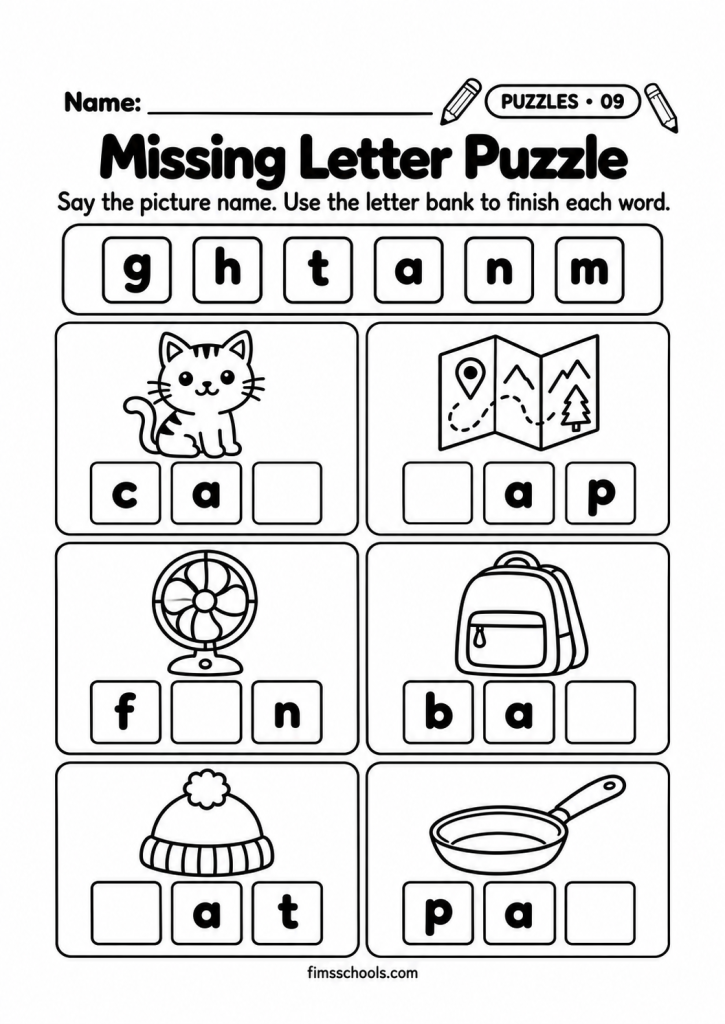 Short a puzzle worksheet 9, Missing Letter Puzzle: use the letter bank to finish each word