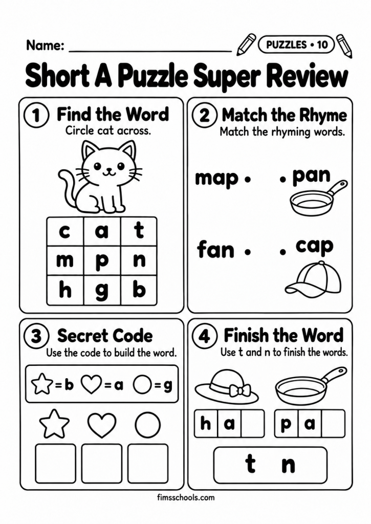 Short a puzzle worksheet 10, Puzzle Super Review: find the word, match the rhyme, secret code and finish the word