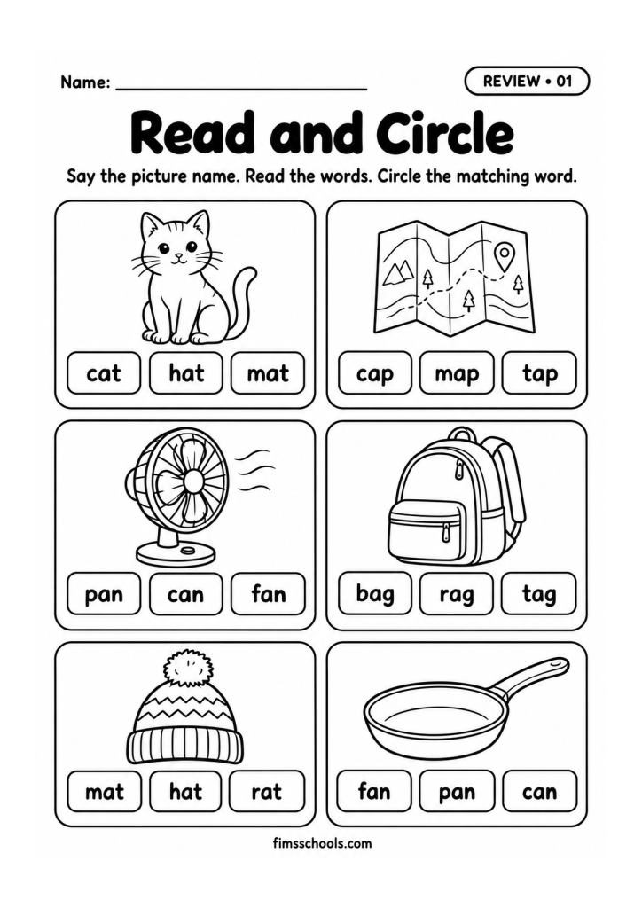 Short a review worksheet 1, Read and Circle: read the words and circle the one that matches the picture