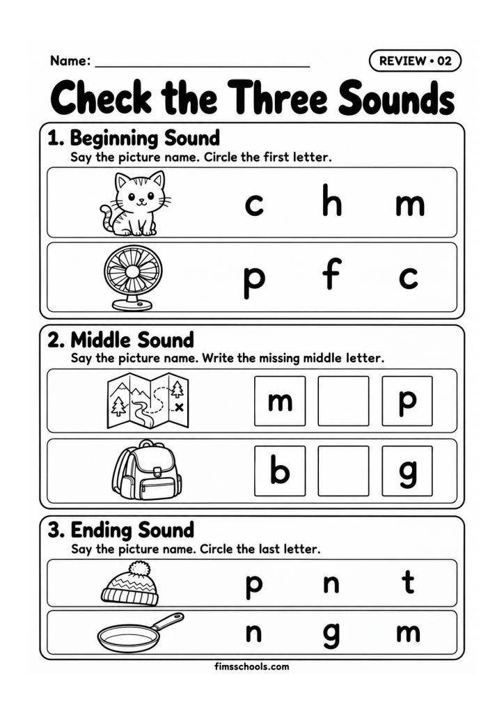 Short a review worksheet 2, Check the Three Sounds: beginning, middle and ending sound checks