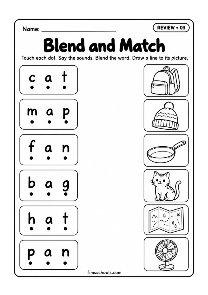Short a review worksheet 3, Blend and Match: touch each dot, blend the word and draw a line to its picture