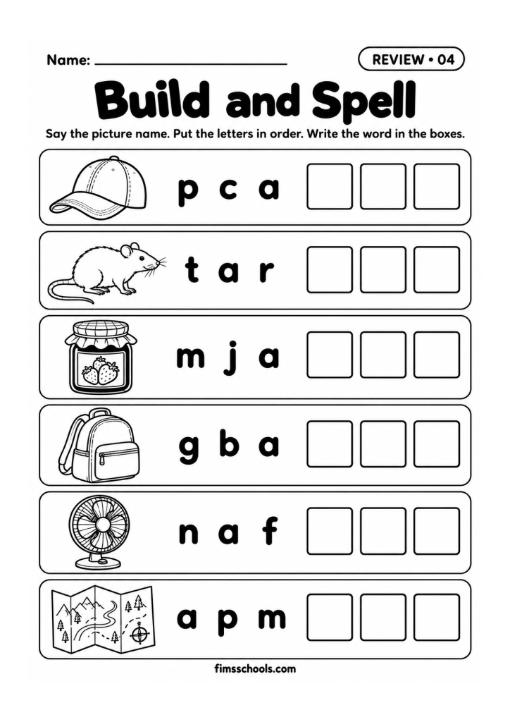 Short a review worksheet 4, Build and Spell: put the jumbled letters in order and write the word in the boxes