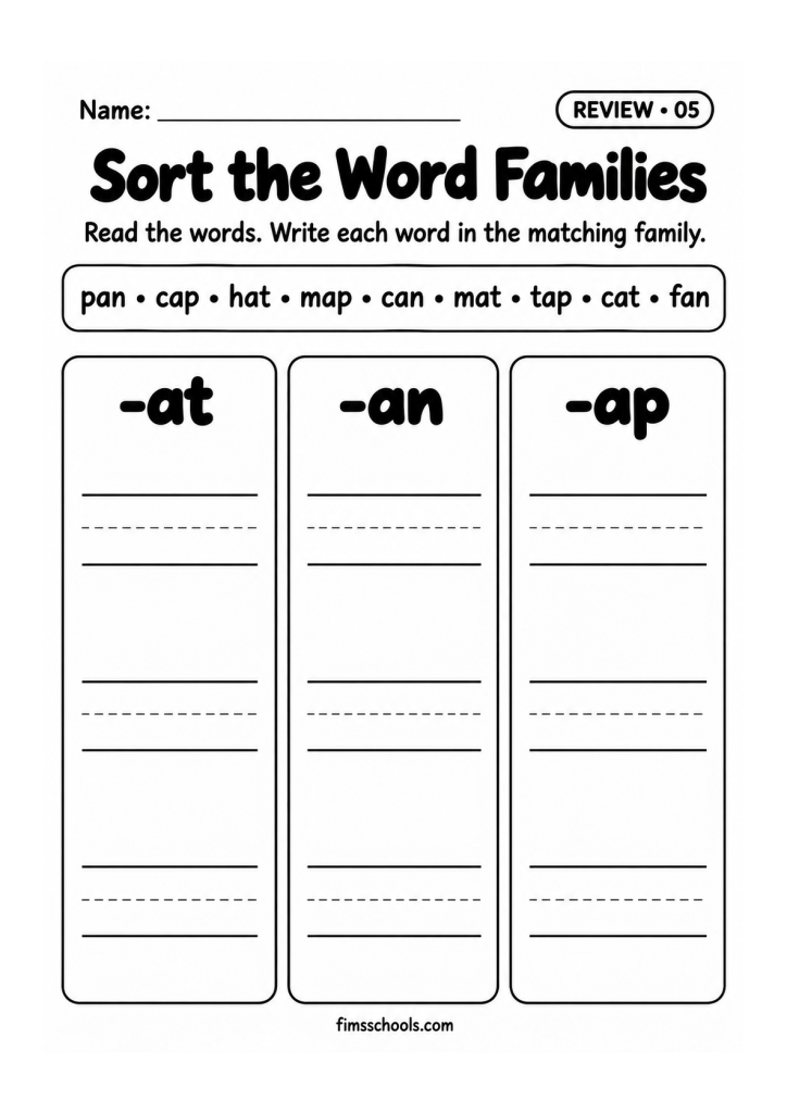 Short a review worksheet 5, Sort the Word Families: write each word in its -at, -an or -ap family column