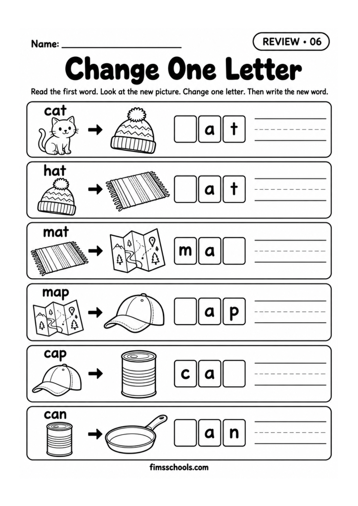 Short a review worksheet 6, Change One Letter: read the word, change one letter for the new picture and write the new word