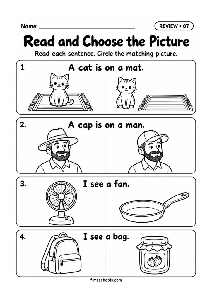 Short a review worksheet 7, Read and Choose the Picture: read each sentence and circle the matching picture