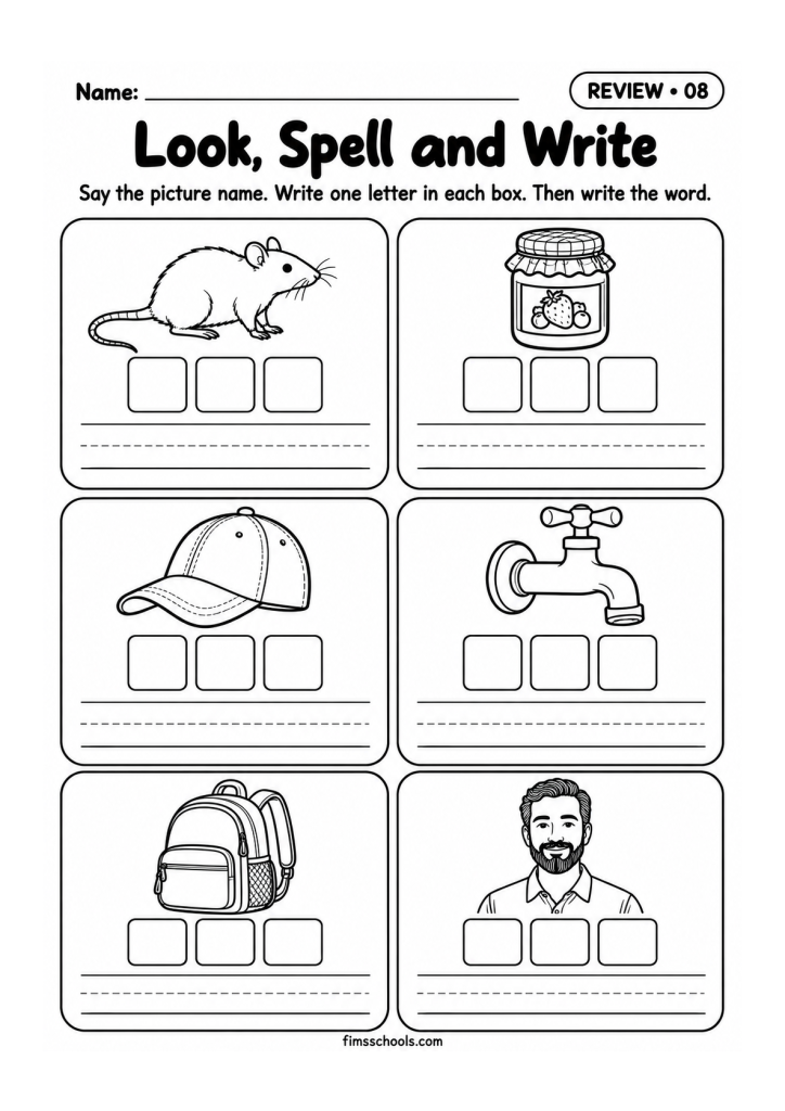 Short a review worksheet 8, Look, Spell and Write: write one letter in each box, then write the word