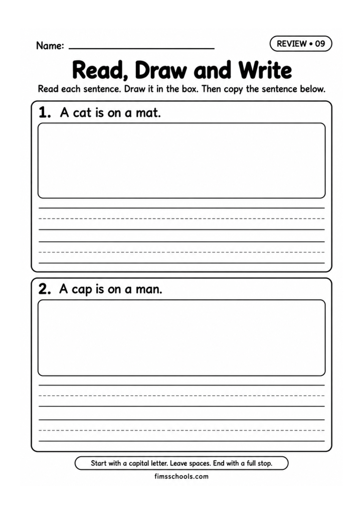 Short a review worksheet 9, Read, Draw and Write: read each sentence, draw it in the box, then copy the sentence