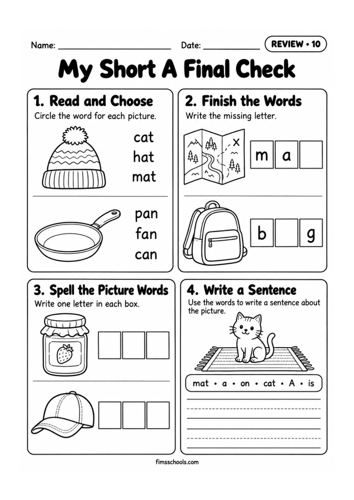 Short a review worksheet 10, My Short A Final Check: read and choose, finish the words, spell and write a sentence