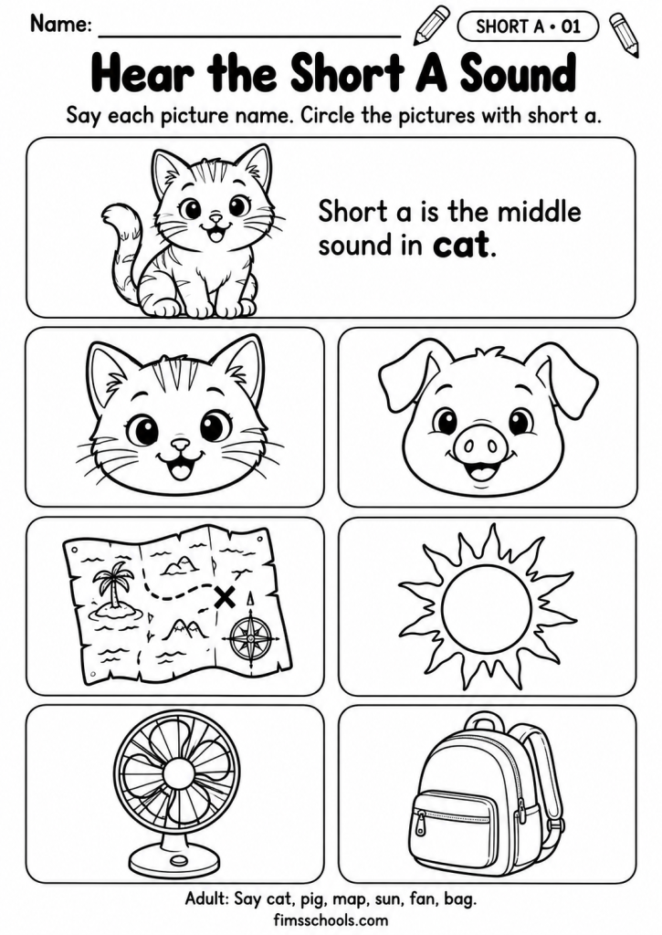 Short A CVC worksheet 1, Hear the Short A Sound: circle the pictures whose names have the short a sound in the middle