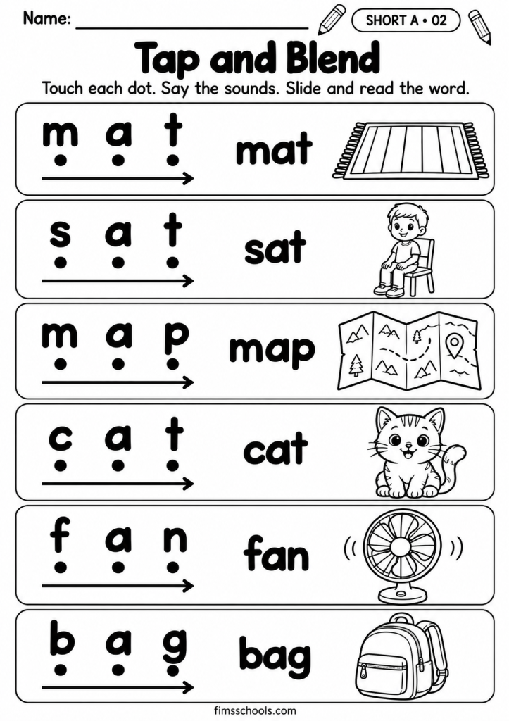 Short A CVC worksheet 2, Tap and Blend: tap the sound dots and blend the sounds to read each word