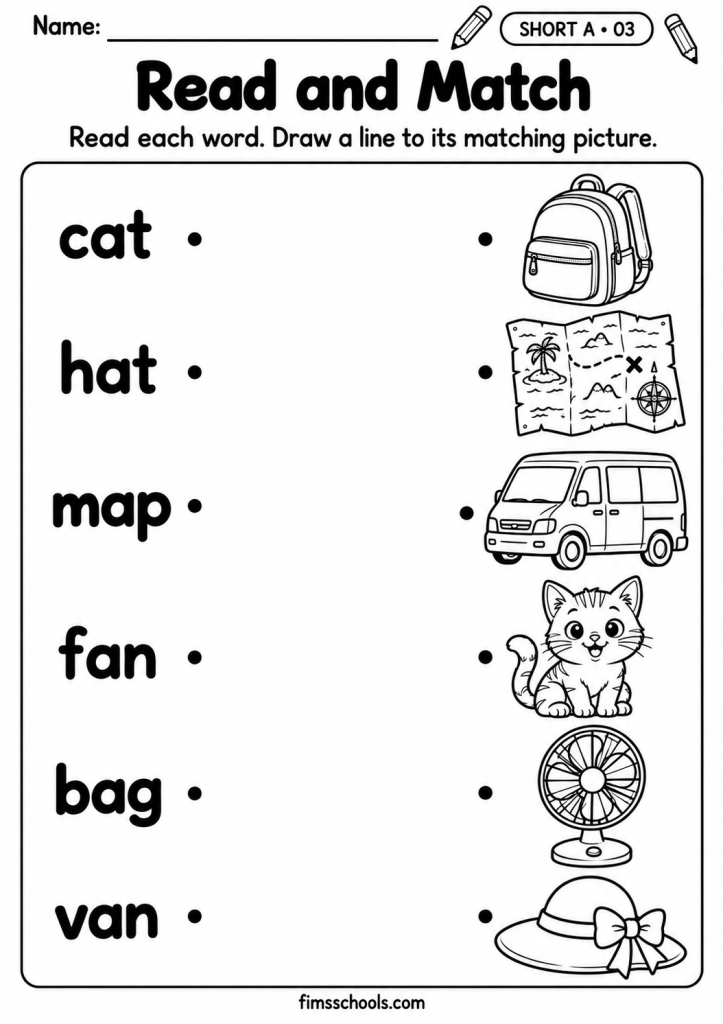 Short A CVC worksheet 3, Read and Match: read each short a word and draw a line to the matching picture