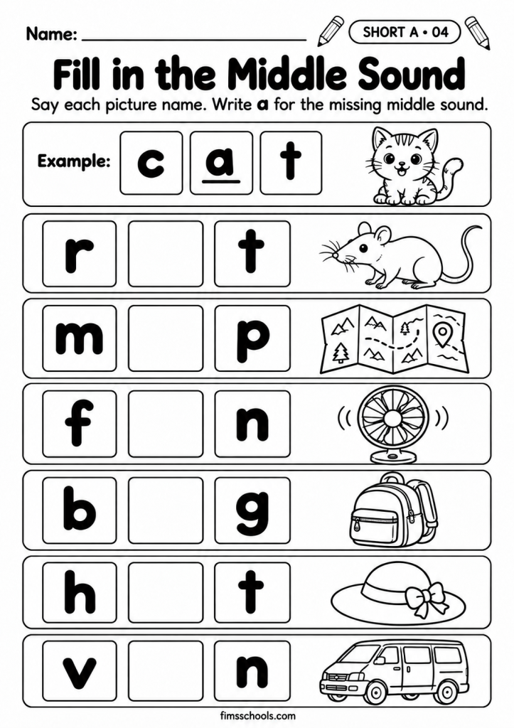 Short A CVC worksheet 4, Fill in the Middle Sound: write the missing middle letter a to complete each word