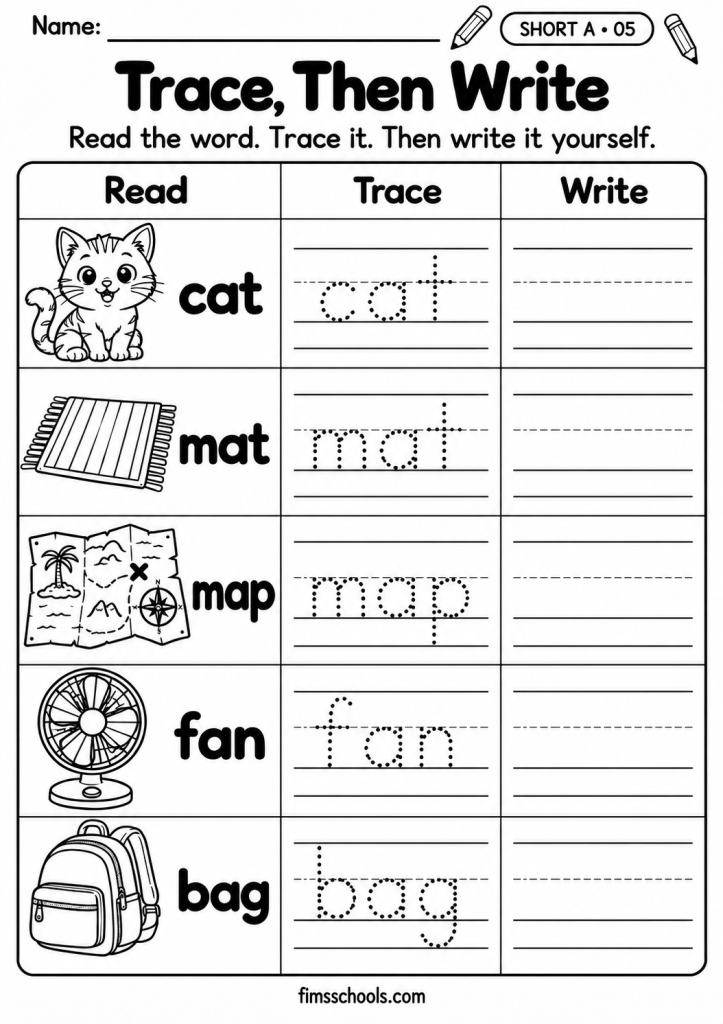 Short A CVC worksheet 5, Trace, Then Write: trace the dotted short a word, then write it independently