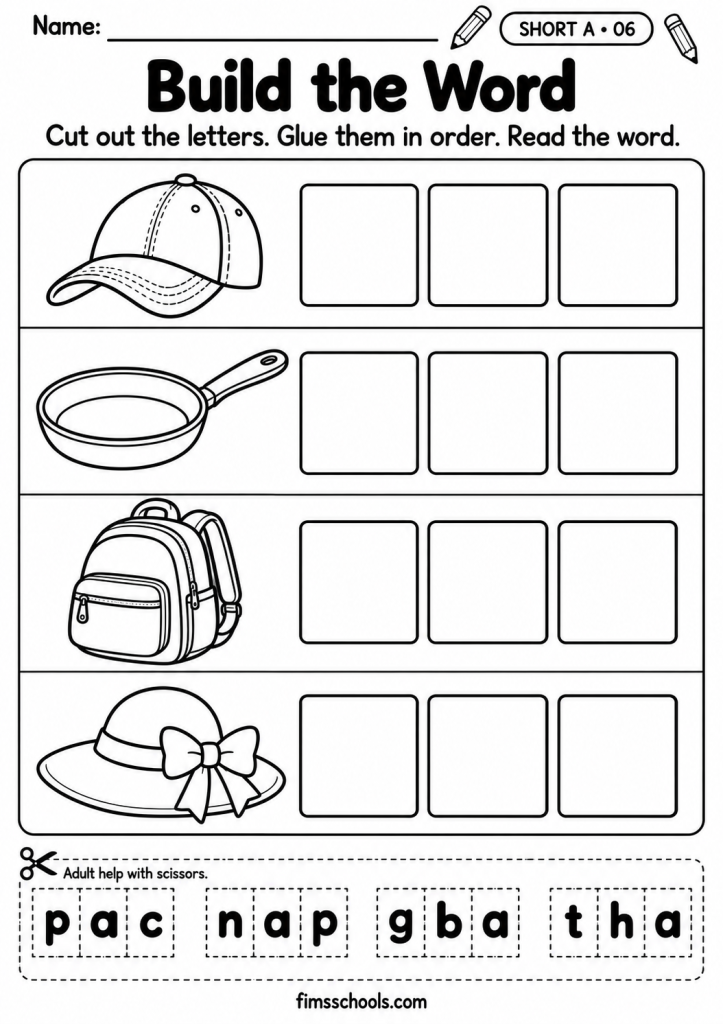 Short A CVC worksheet 6, Build the Word: cut out the letter tiles and glue them in order to build each word