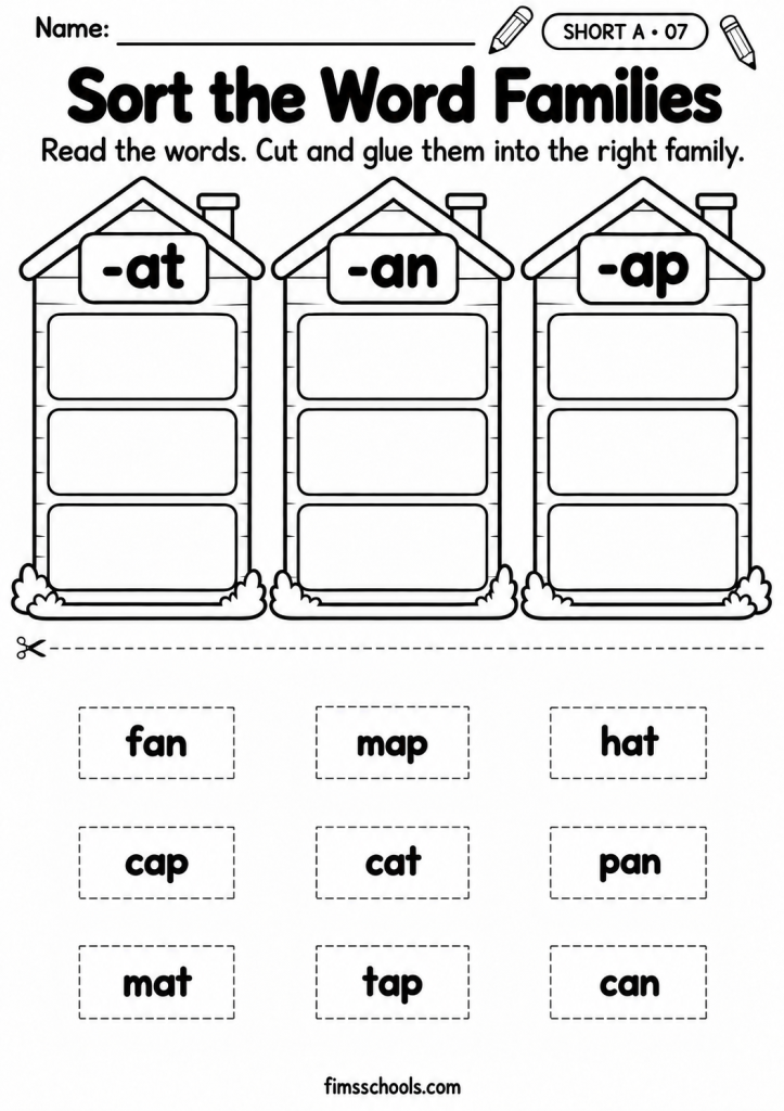 Short A CVC worksheet 7, Sort the Word Families: sort word cards into the -at, -an and -ap word family boxes