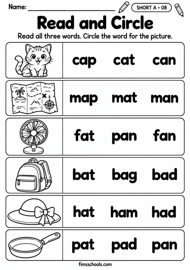 Short A CVC worksheet 8, Read and Circle: read the three similar words and circle the one that matches the picture