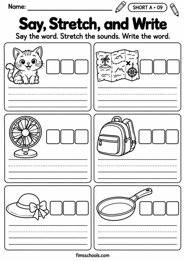 Short A CVC worksheet 9, Say, Stretch, and Write: say the picture name and write one sound in each sound box