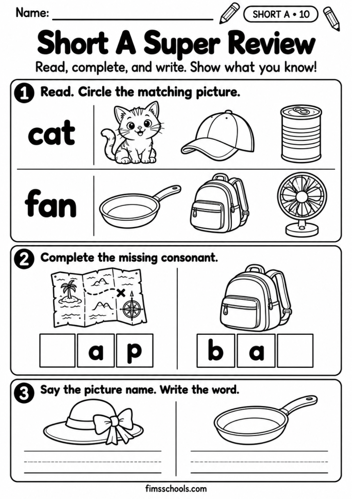 Short A CVC worksheet 10, Short A Super Review: a mixed review of building, reading and matching short a words