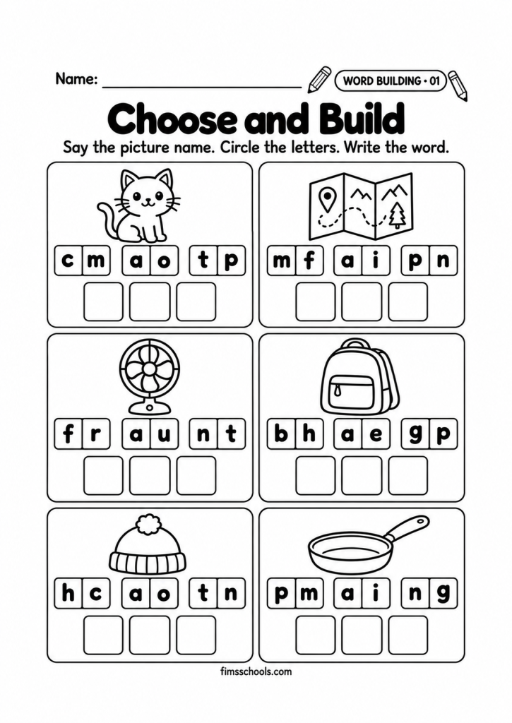 Short a word building worksheet 1, Choose and Build: circle the letters that build the picture word and write it