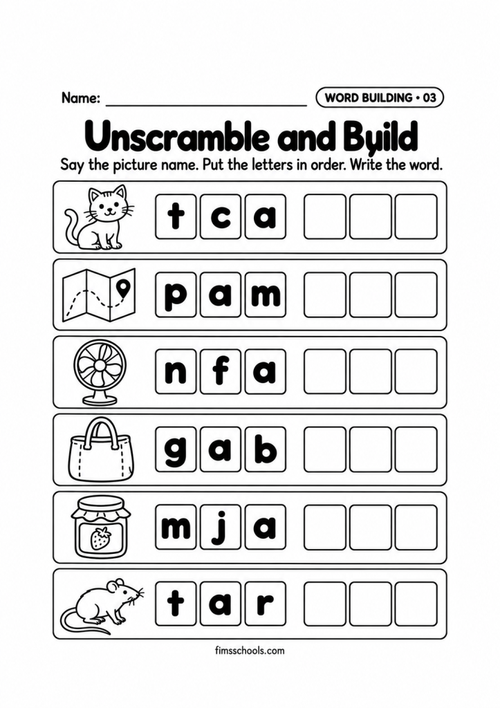 Short a word building worksheet 3, Unscramble and Build: put the jumbled letters in order and write the word