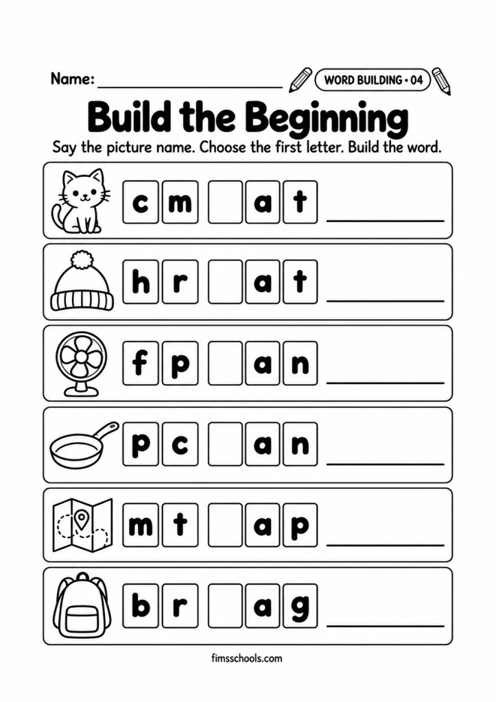 Short a word building worksheet 4, Build the Beginning: choose the correct first letter and build the word
