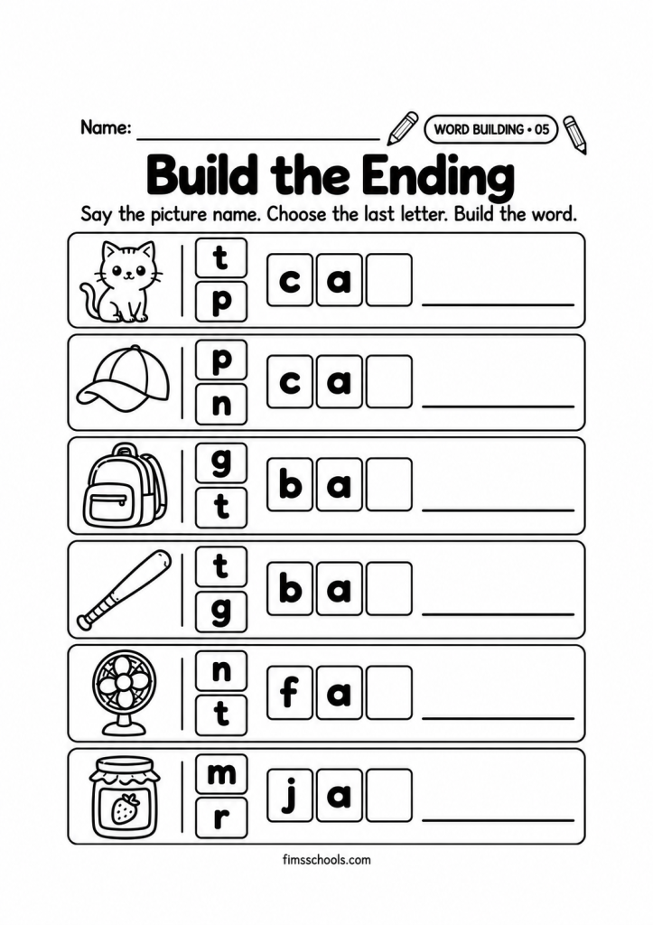 Short a word building worksheet 5, Build the Ending: choose the correct last letter and build the word