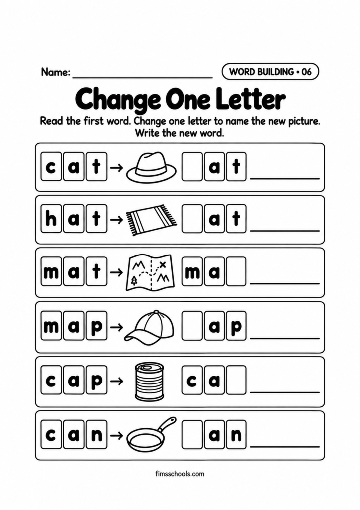 Short a word building worksheet 6, Change One Letter: change one letter in each word to name the new picture