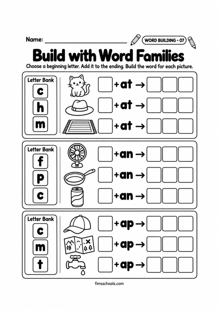 Short a word building worksheet 7, Build with Word Families: choose a beginning letter and add it to the -at, -an and -ap endings