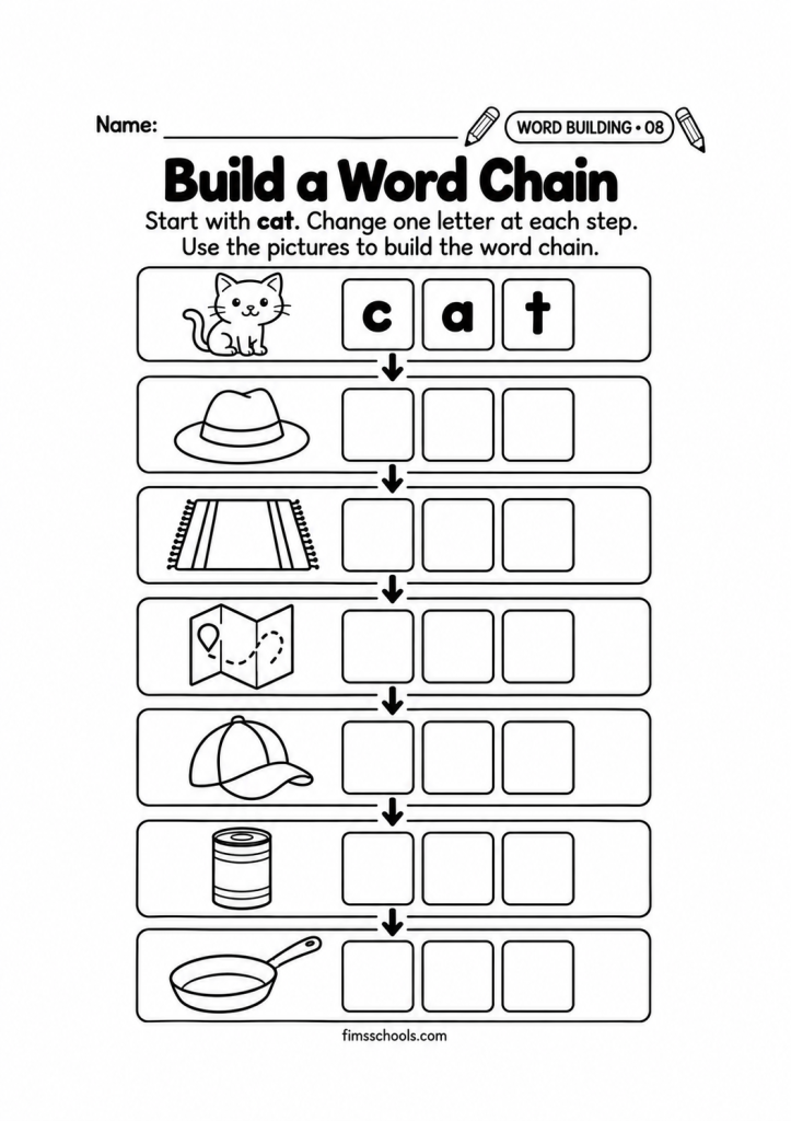 Short a word building worksheet 8, Build a Word Chain: start with cat and change one letter at each step